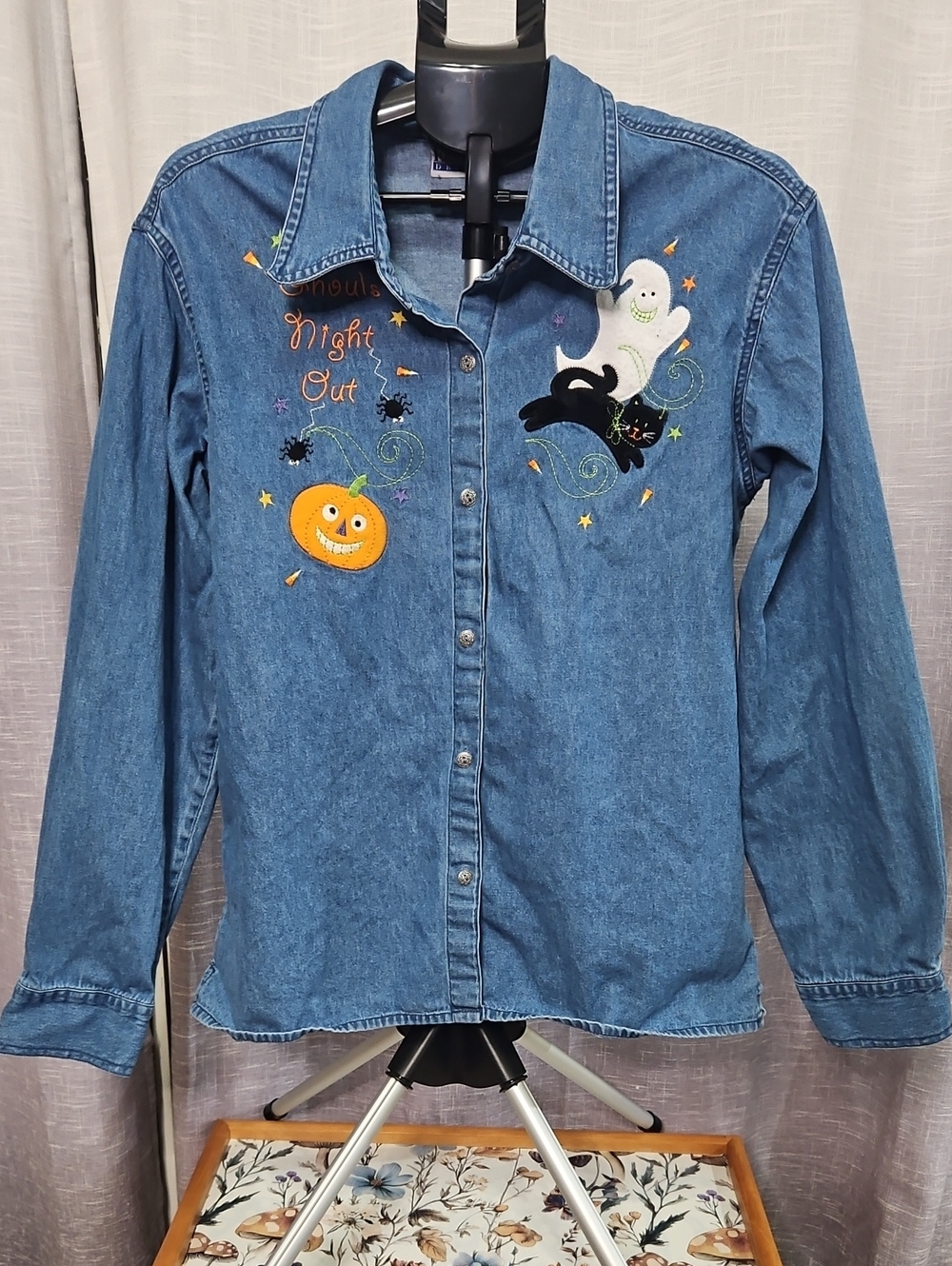 Vintage 90s Halloween Embroidered Denim Shirt Ghost Pumpkin Ghoul’s Night Out